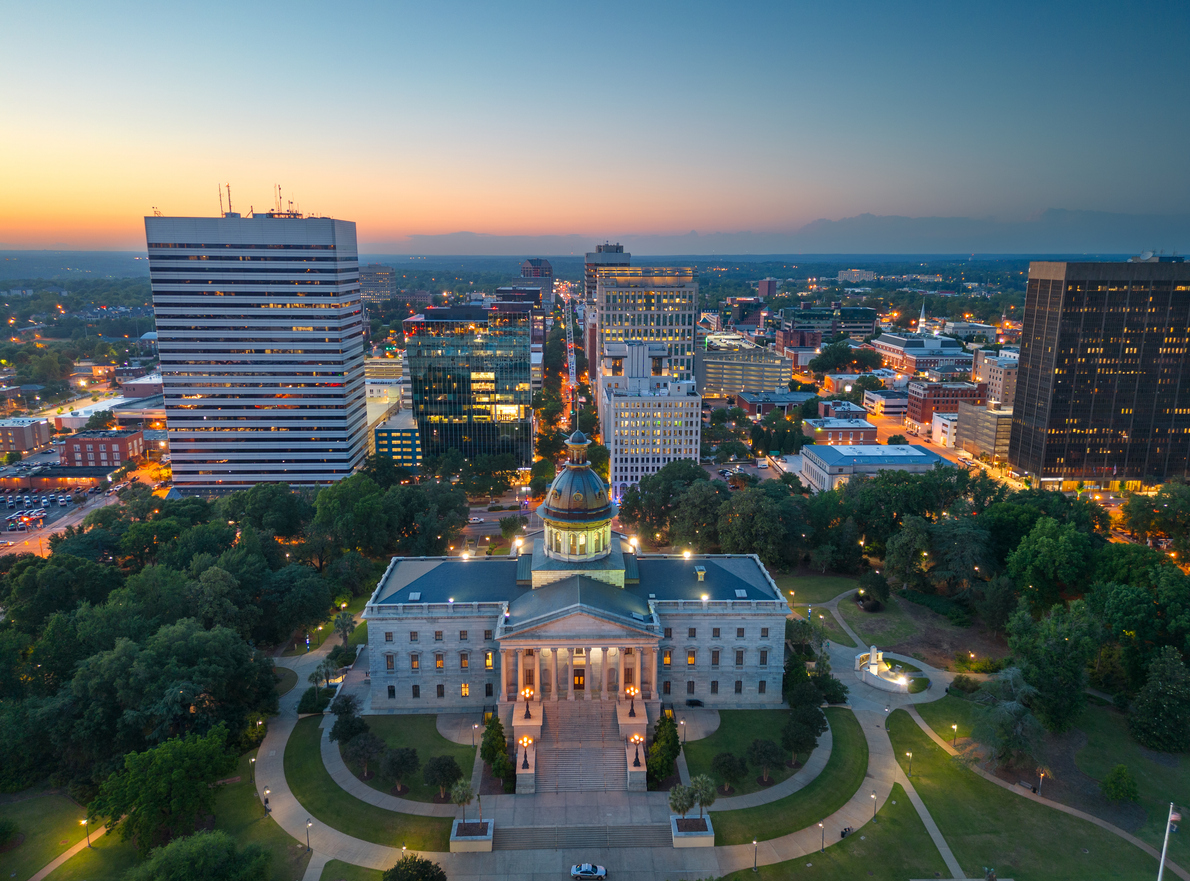Aerial view of downtown Columbia, South Carolina during dusk.
