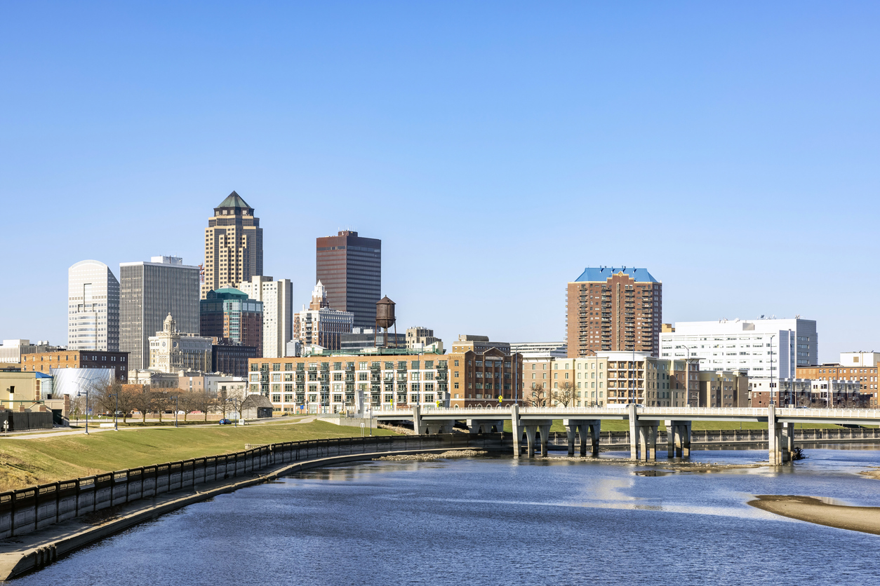 Downtown Des Moines Skyline and the Des Moines River at Daytime.