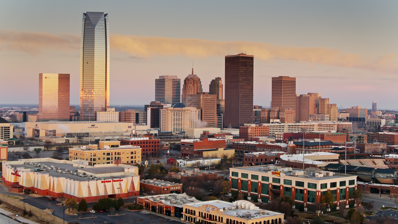 Aerial shot of Bricktown and Central Business District at sunrise in Oklahoma City.